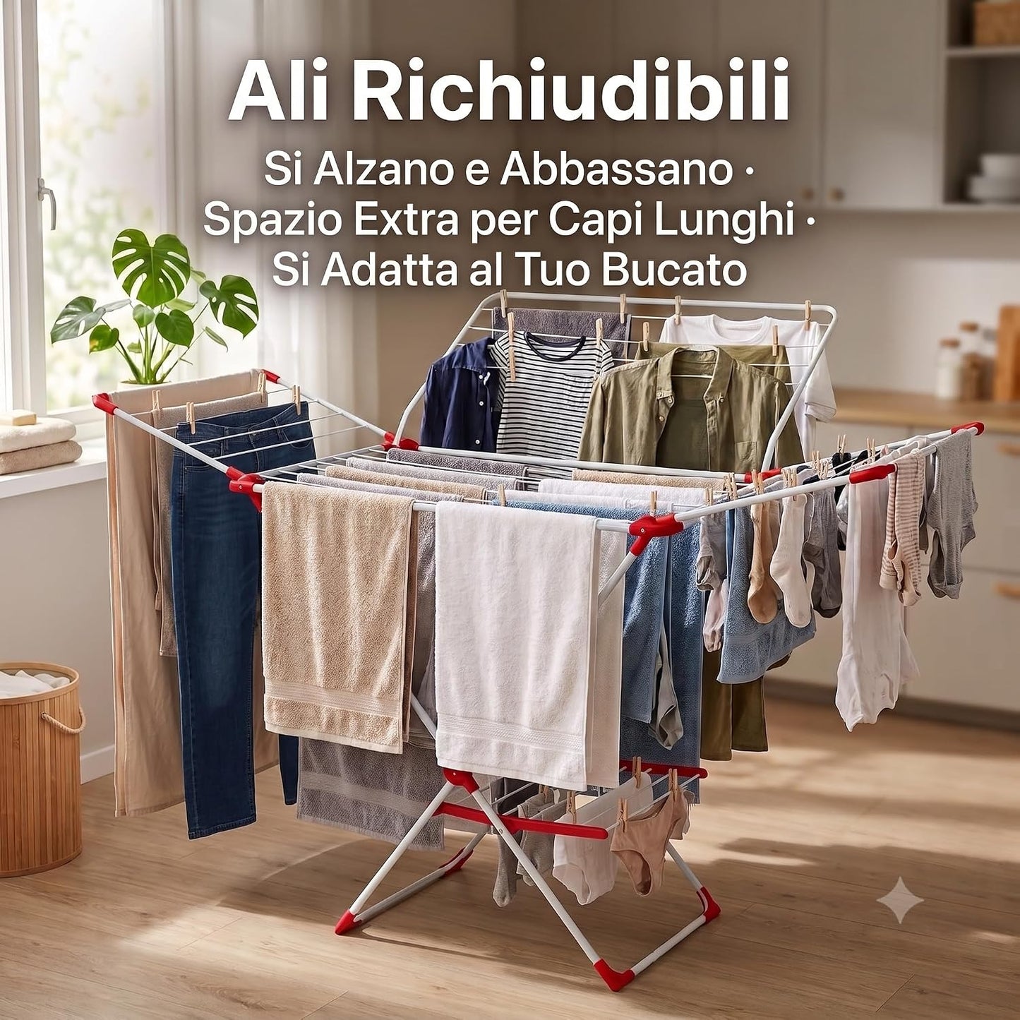 Stendibiancheria Pieghevole con Ali 18 Metri – Stendino Stendipanni Salvaspazio da Interno ed Esterno – Ali Richiudibili per Capi Lunghi – 155x61 cm Altezza 99 cm –