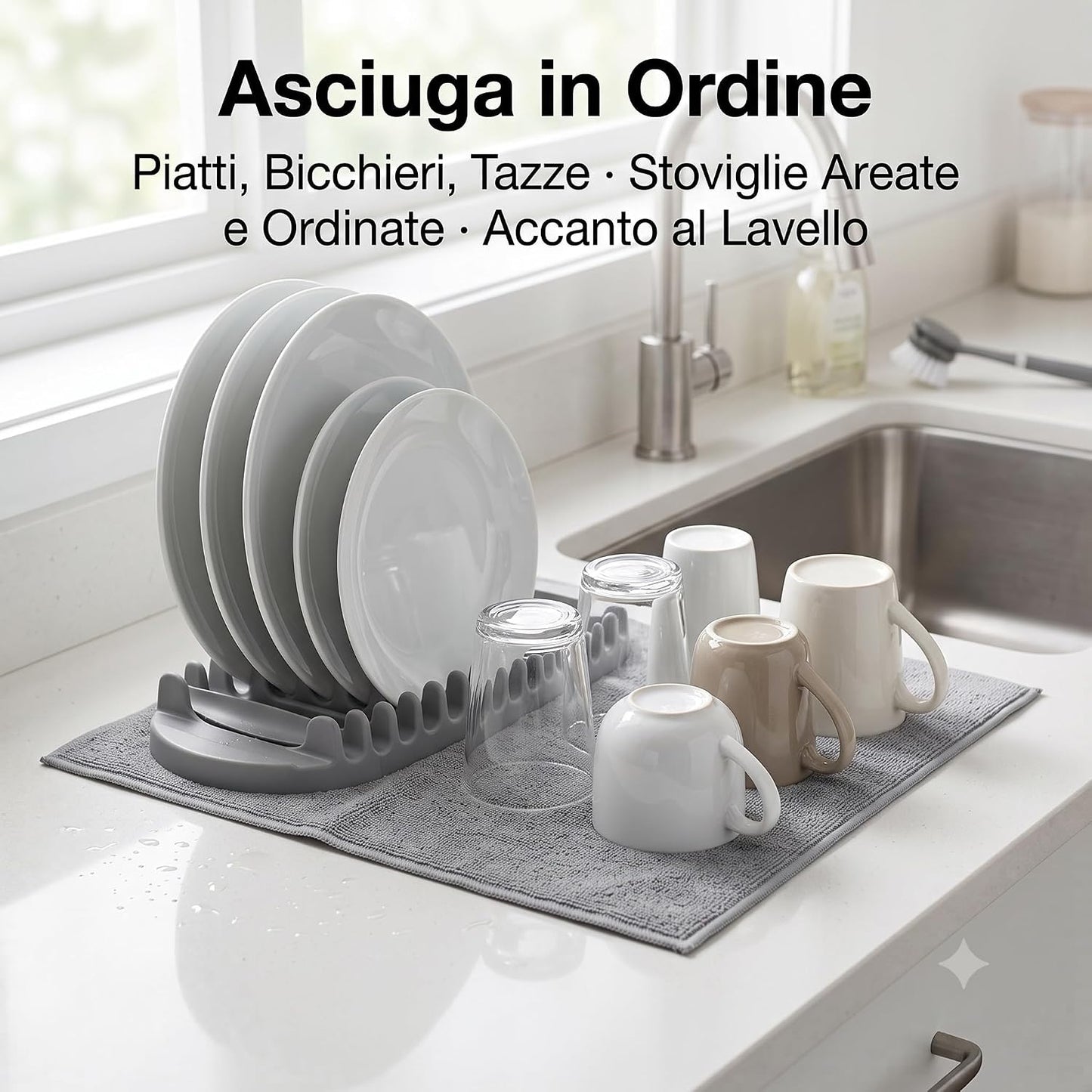 Scolapiatti Compatto Grigio con Tappetino Assorbente in Microfibra – Scolapiatti da Appoggio Salvaspazio con Porta Bicchieri – Asciuga Piatti in Verticale Tazze e Bicchieri – per Cucina