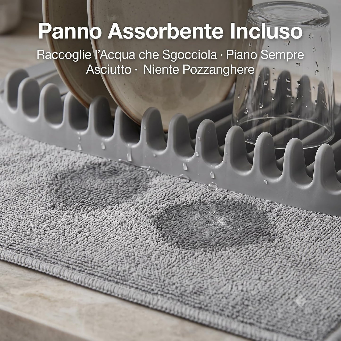 Scolapiatti Compatto Grigio con Tappetino Assorbente in Microfibra – Scolapiatti da Appoggio Salvaspazio con Porta Bicchieri – Asciuga Piatti in Verticale Tazze e Bicchieri – per Cucina
