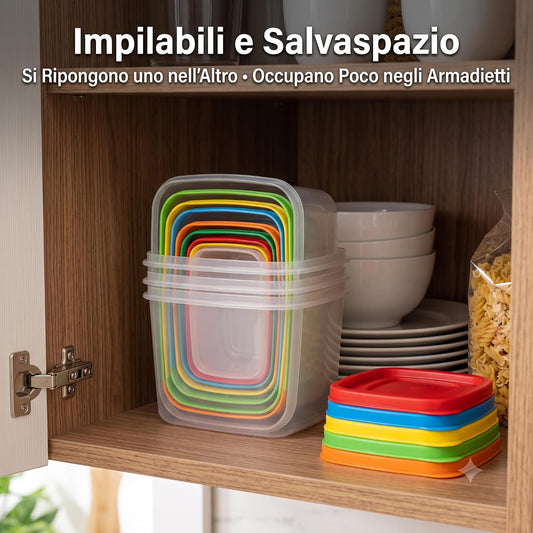 Lemag Set 5 Contenitori in Plastica per Alimenti Multicolore – Contenitori con Coperchio per Frigo Freezer e Dispensa – Impilabili e Salvaspazio – Misure Diverse per Conservare e Meal Prep