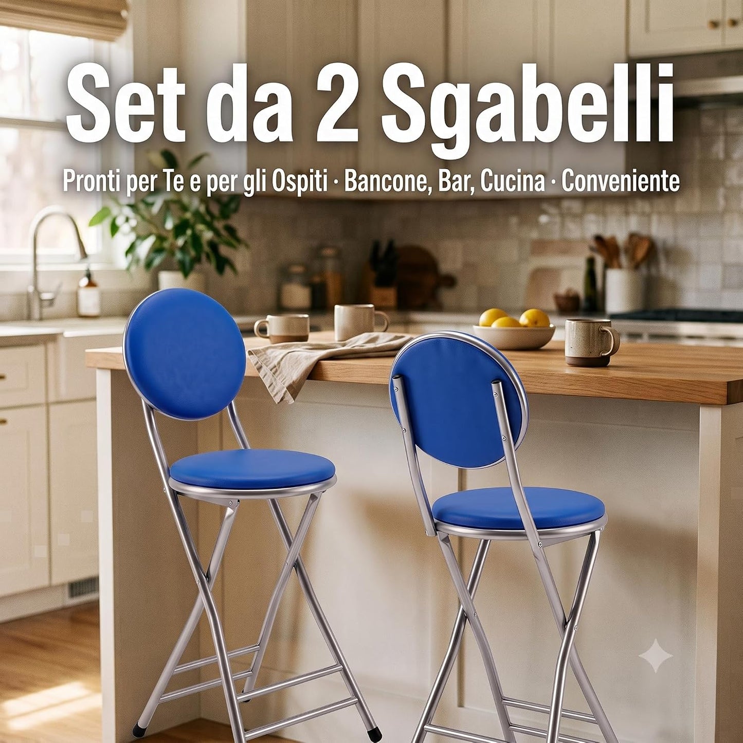 Set 2 Sgabelli con Schienale Blu Telaio in Acciaio – Sgabello Compatto per Cucina Bar Giardino e Campeggio – Seduta Comoda con Schienale – Robusto e Salvaspazio 30x32x76 cm