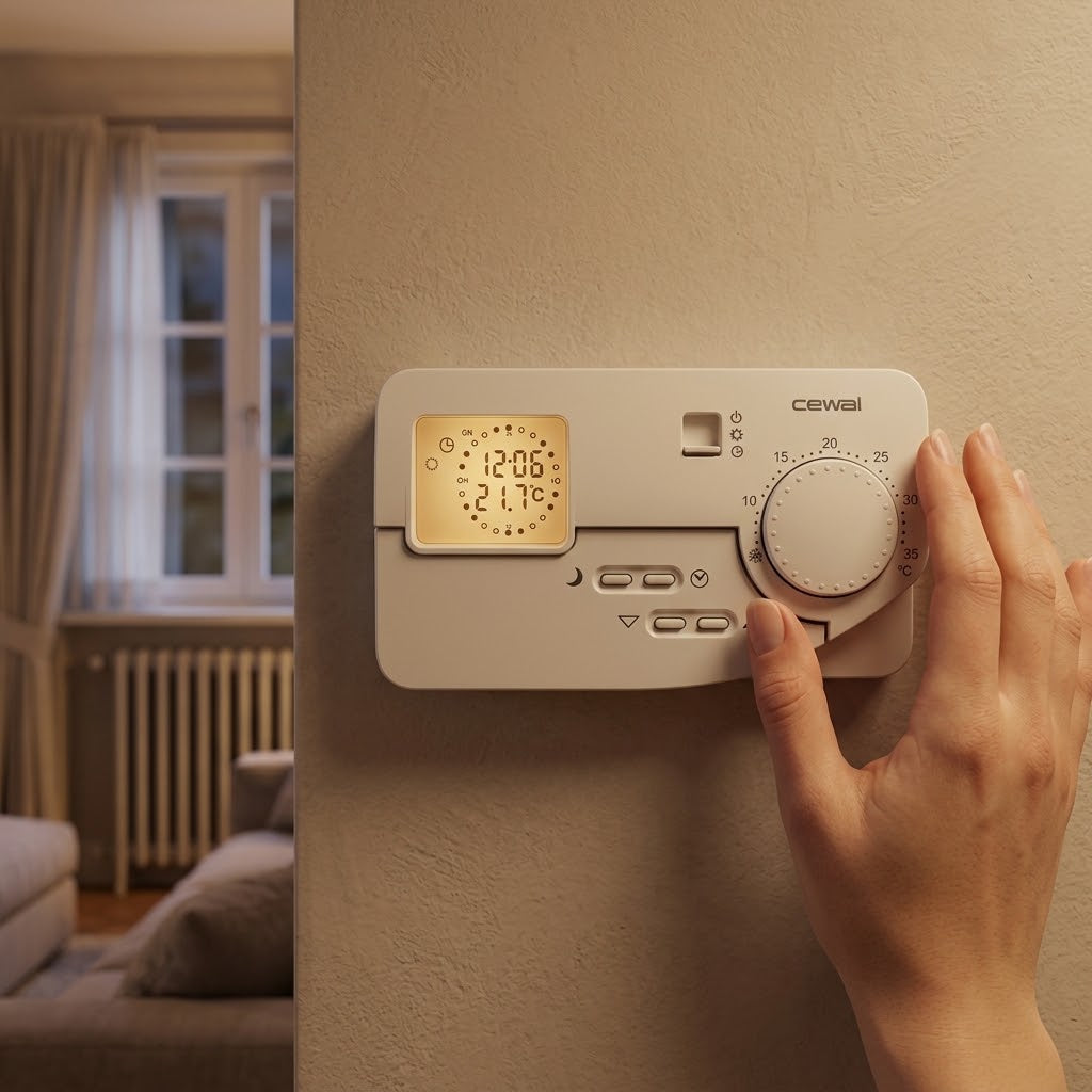 Cronotermostato Digitale Giornaliero a Parete — Termostato Ambiente con Display Retroilluminato a Icone, Programmazione a Cavalieri, per Riscaldamento e Condizionamento, a Pile