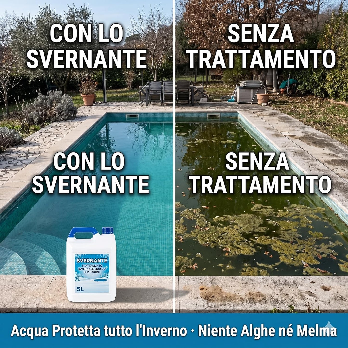 Svernante Liquido per Piscine 5 L – Trattamento Invernale Antialghe e Anticalcare – Conserva l'Acqua Durante l'Inverno e Facilita la Riapertura in Primavera | Made in Italy