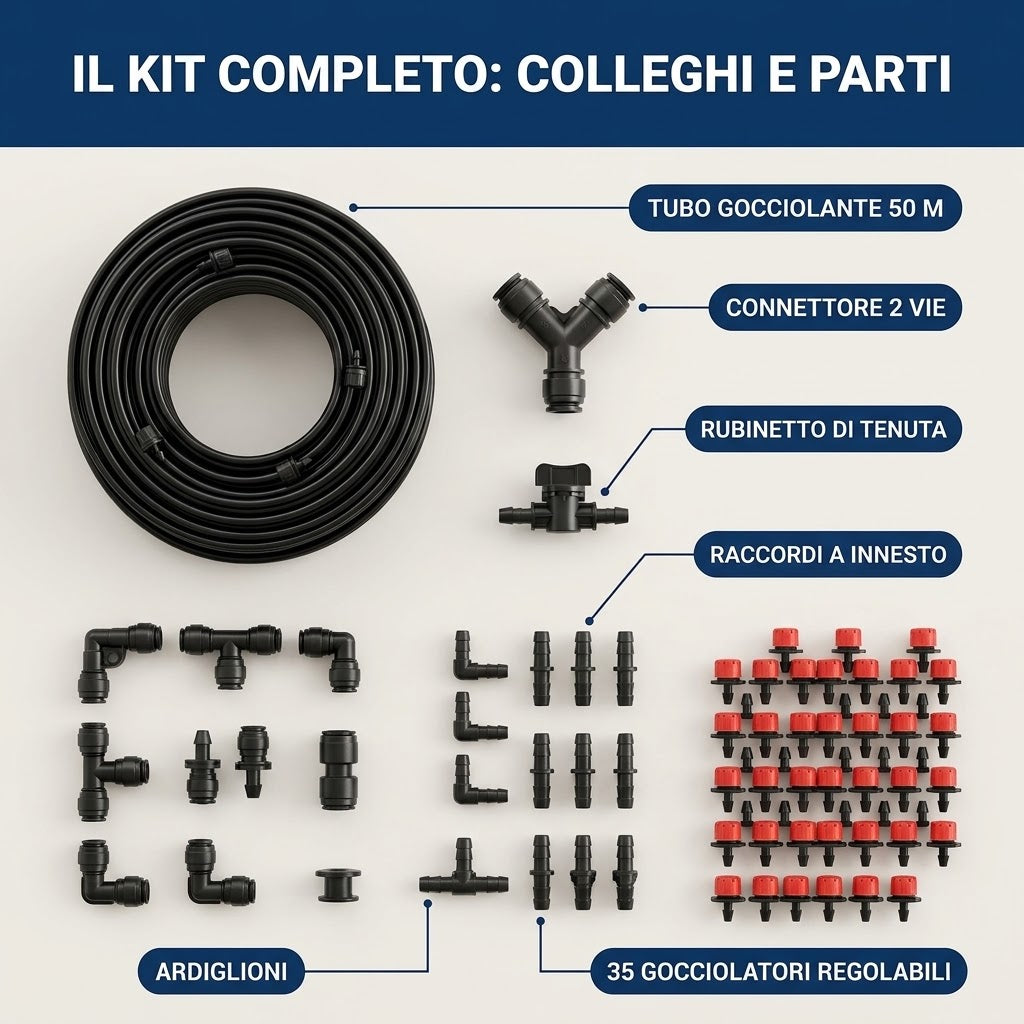 Kit di irrigazione a goccia completo per orto: tubi, raccordi, gocciolatori e rubinetto per un'irrigazione efficiente.