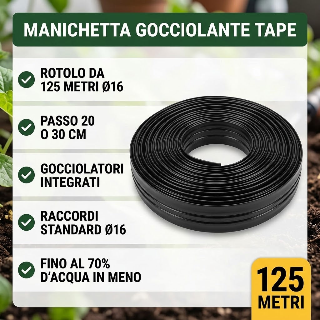 Manichetta gocciolante leggera 16 mm rolotolo da 125 metri per irrigazione a goccia in orti e serre.