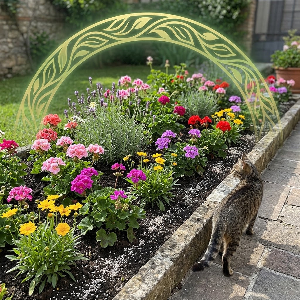 Giardino fiorito con un gatto, ideale per l'uso del disabituante granulare repellenti naturali.