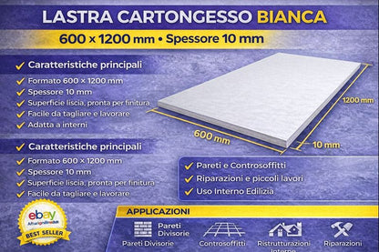 Cartongesso Bianco 600x1200 mm Sp.10 mm Per Pareti e Controsoffitti