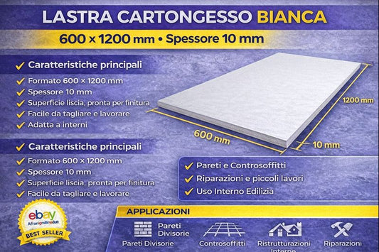 Cartongesso Bianco 600x1200 mm Sp.10 mm Per Pareti e Controsoffitti
