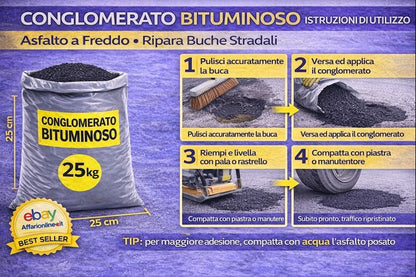 Conglomerato Bituminoso 25 Kg Asfalto a Freddo Per Riparazione Buche Strade