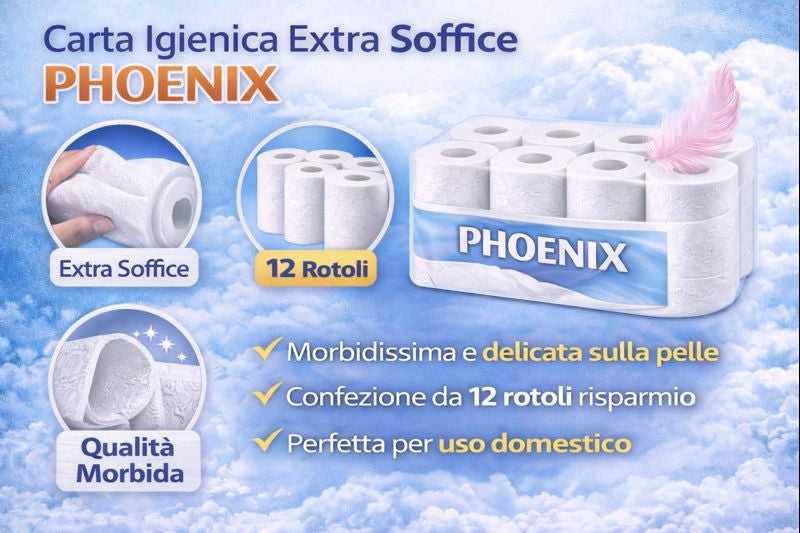 Carta Igienica Extra Soffice PHOENIX 12 Rotoli Qualità Morbida Uso Casa