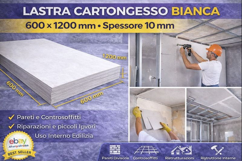Cartongesso Bianco 600x1200 mm Sp.10 mm Per Pareti e Controsoffitti