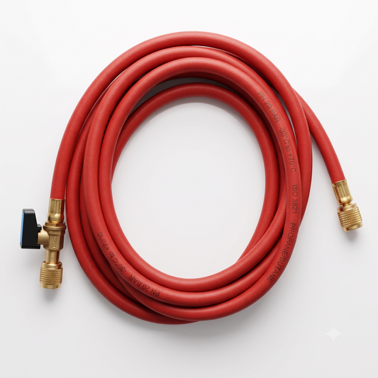 Un tubo flessibile gas refrigerante rosso da 900 mm con attacco 1/4 SAE.