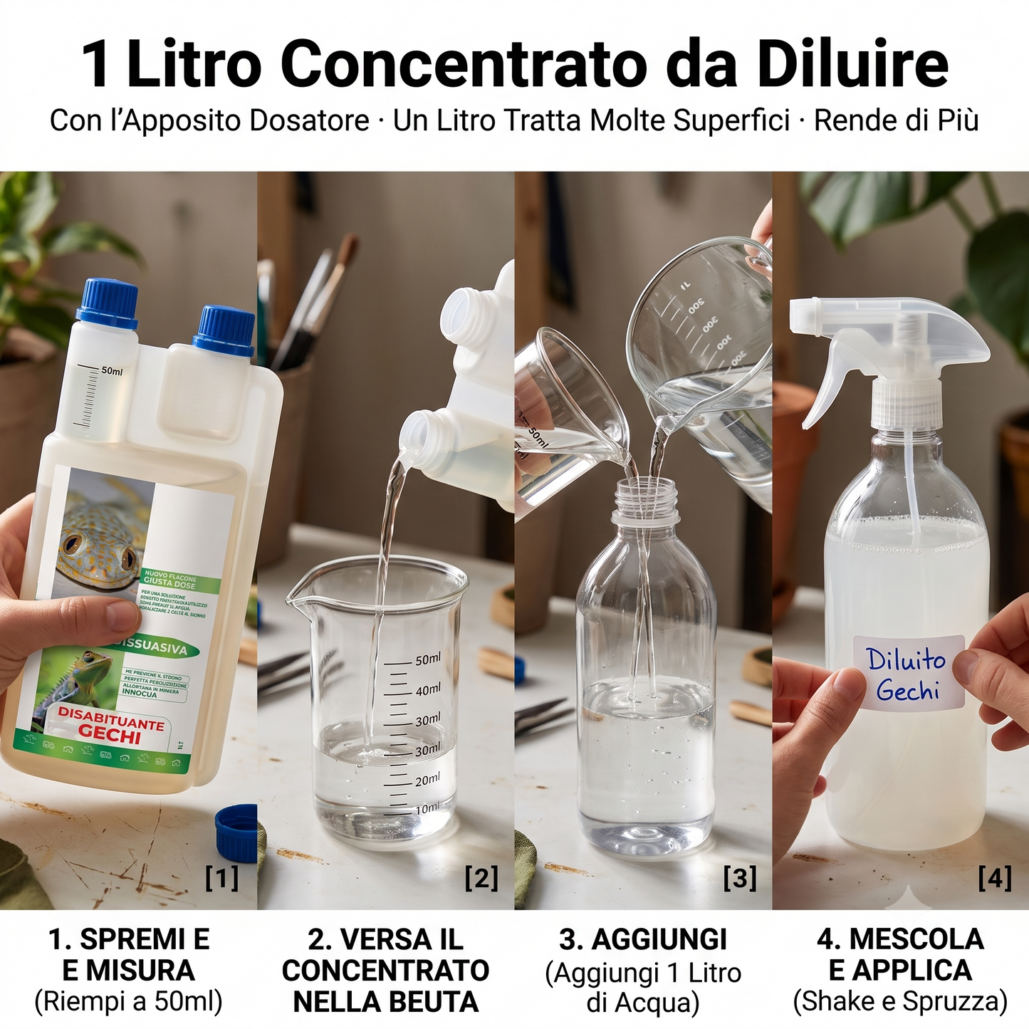 Disabituante Gechi Concentrato 1 L ad Alta Efficacia – Repellente Liquido da Diluire per Allontanare i Gechi da Muri Soglie e Aree Esterne – Effetto Olfattivo Persistente – con Dosatore