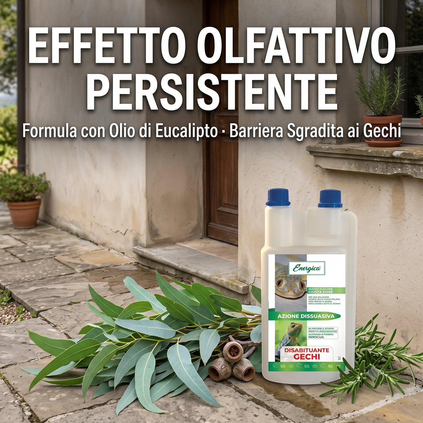 Disabituante Gechi Concentrato 1 L ad Alta Efficacia – Repellente Liquido da Diluire per Allontanare i Gechi da Muri Soglie e Aree Esterne – Effetto Olfattivo Persistente – con Dosatore