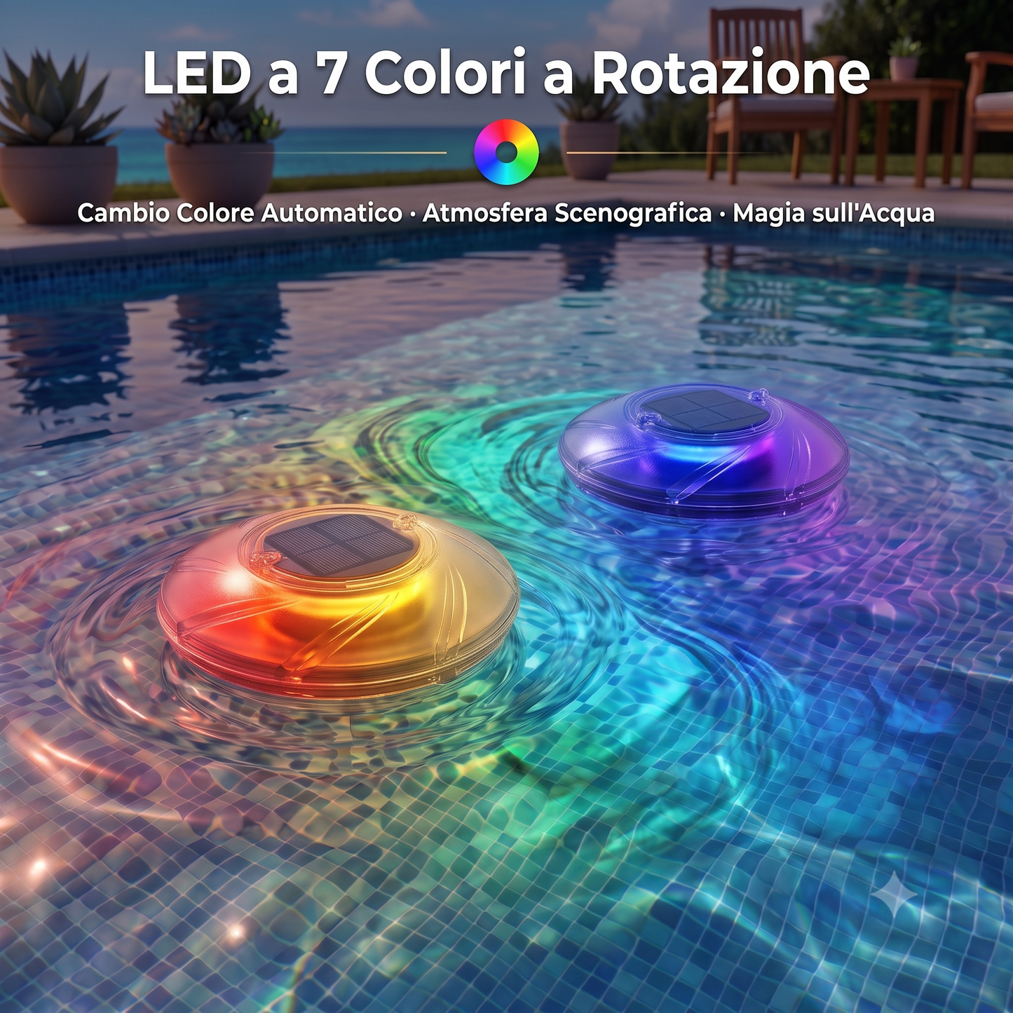 Set 2 Lampade Galleggianti Solari LED per Piscina Ø18 cm – Sfere Luminose a 7 Colori a Energia Solare Impermeabili IP67 – Si Accendono da Sole di Notte – per Piscina Giardino e Porticato