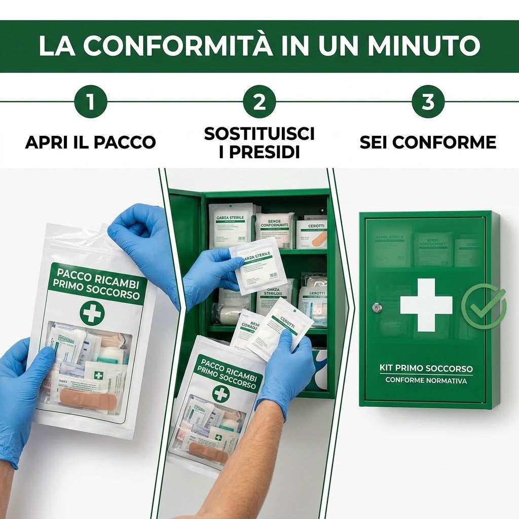 Immagine che mostra il pacco reintegro primo soccorso e la sostituzione dei presidi in un kit conforme.