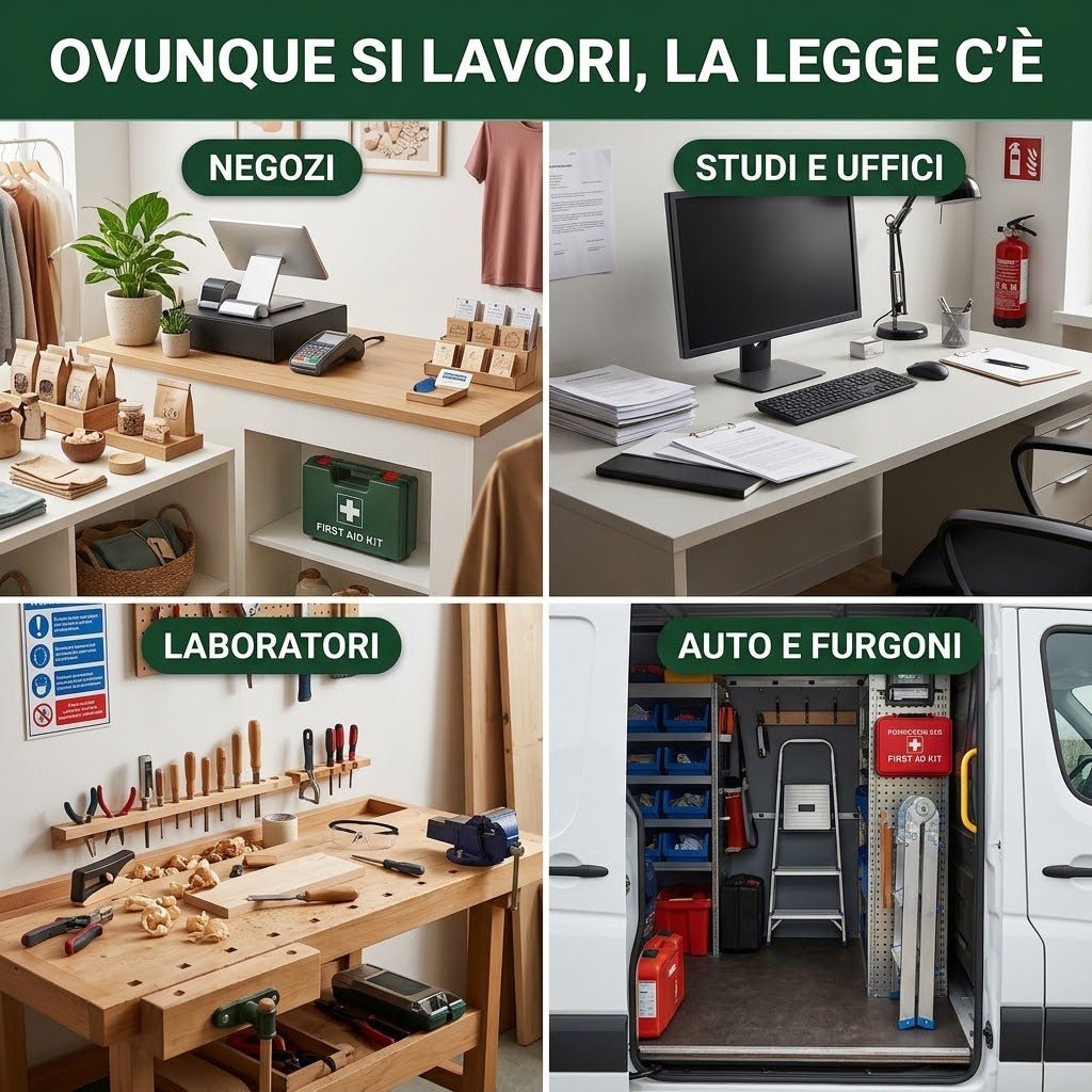 Immagine che mostra diverse postazioni di lavoro con cassetta primo soccorso evidente in negozi, uffici, laboratori e veicoli.