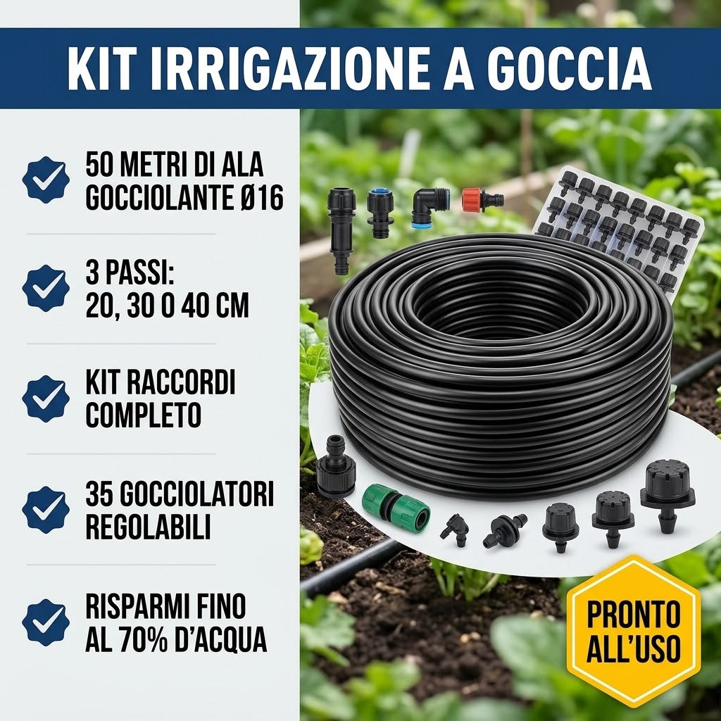 kit di irrigazione a goccia completo per orto con 50 m di ala gocciolante e 35 gocciolatori regolabili