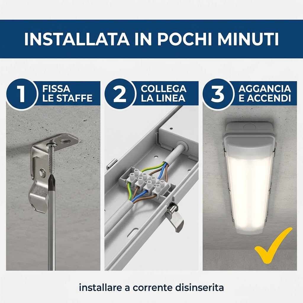 Istruzioni per installare lampada soffitto impermeabile LED IP65 in tre passaggi: fissa, collega e accendi.