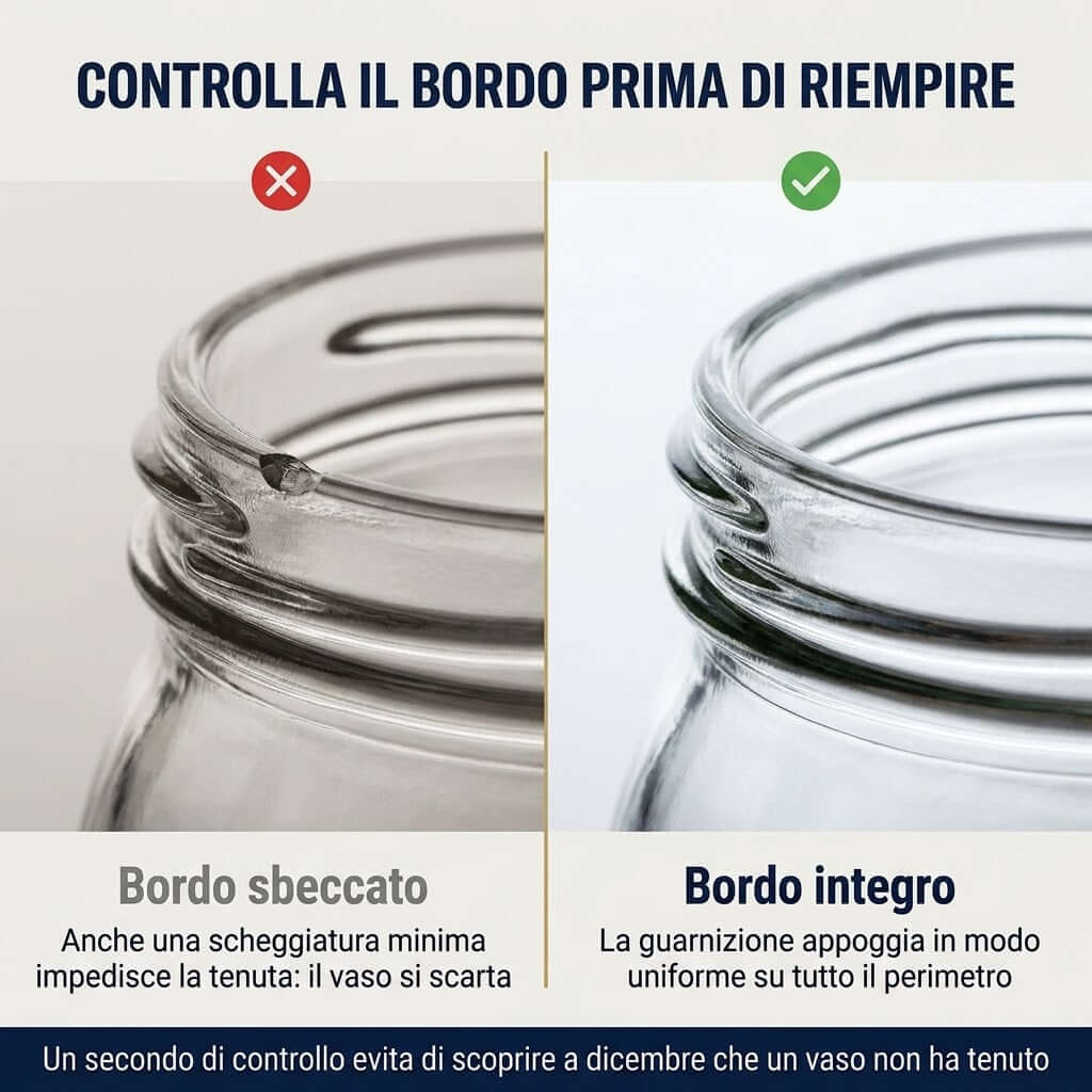 Guida al controllo del bordo dei vasi in vetro per conserve: come distinguere un bordo sbeccato da uno integro per il sottovuoto.