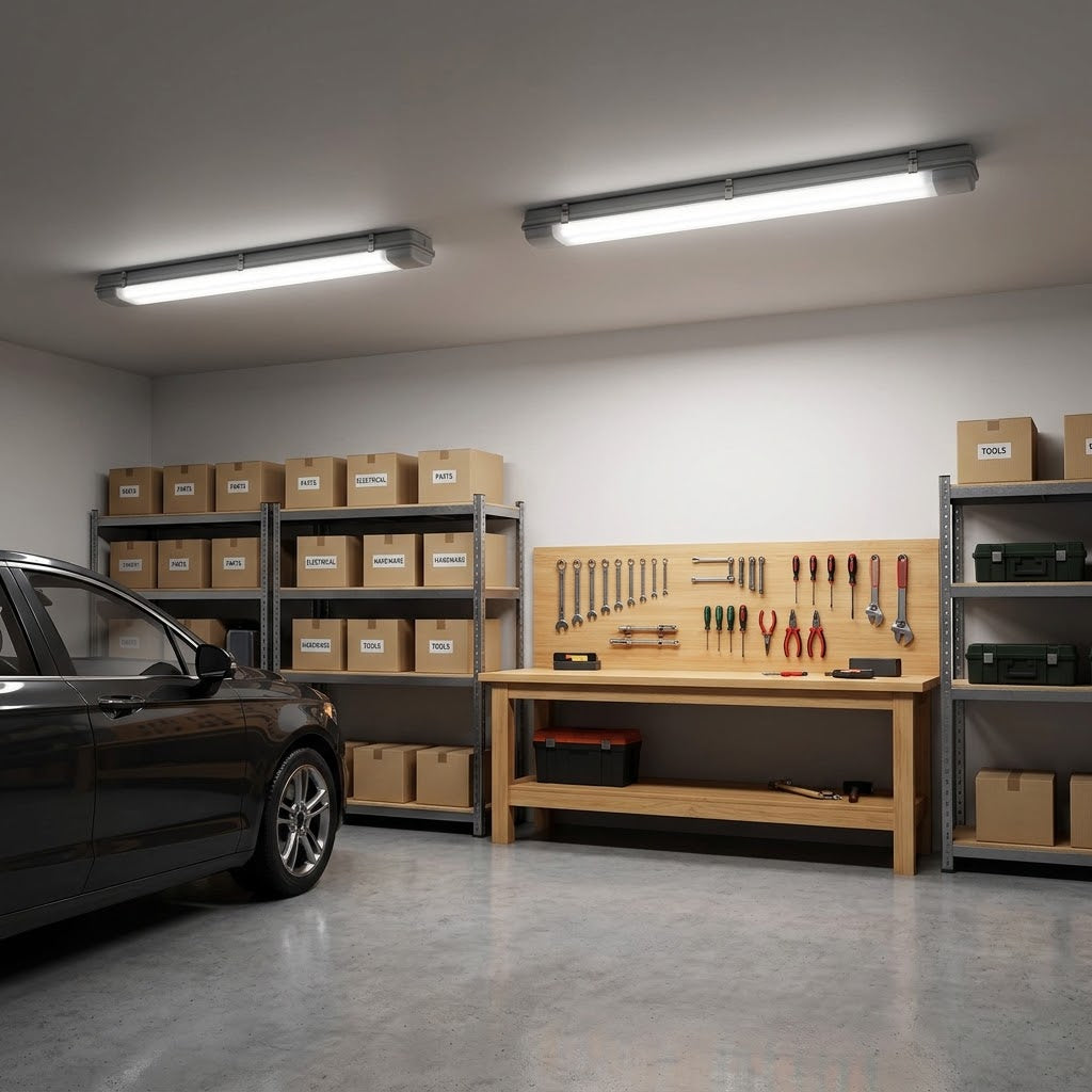 Plafoniera Stagna LED IP6 T8 4000K Inclusi — Lampada Soffitto Impermeabile per Box, Cantina, Ripostiglio — Monti e Accendi