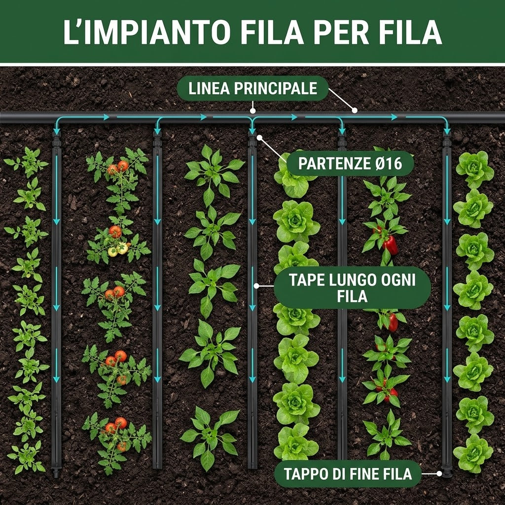Impianto gocciolante per orto con manichetta gocciolante leggera 16 mm, mostrando linee principali e piante.