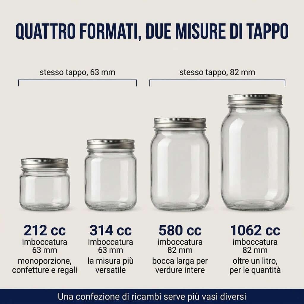 Quattro diversi formati di vasi in vetro per conserve con due misure di tappi da 63 mm e 82 mm.