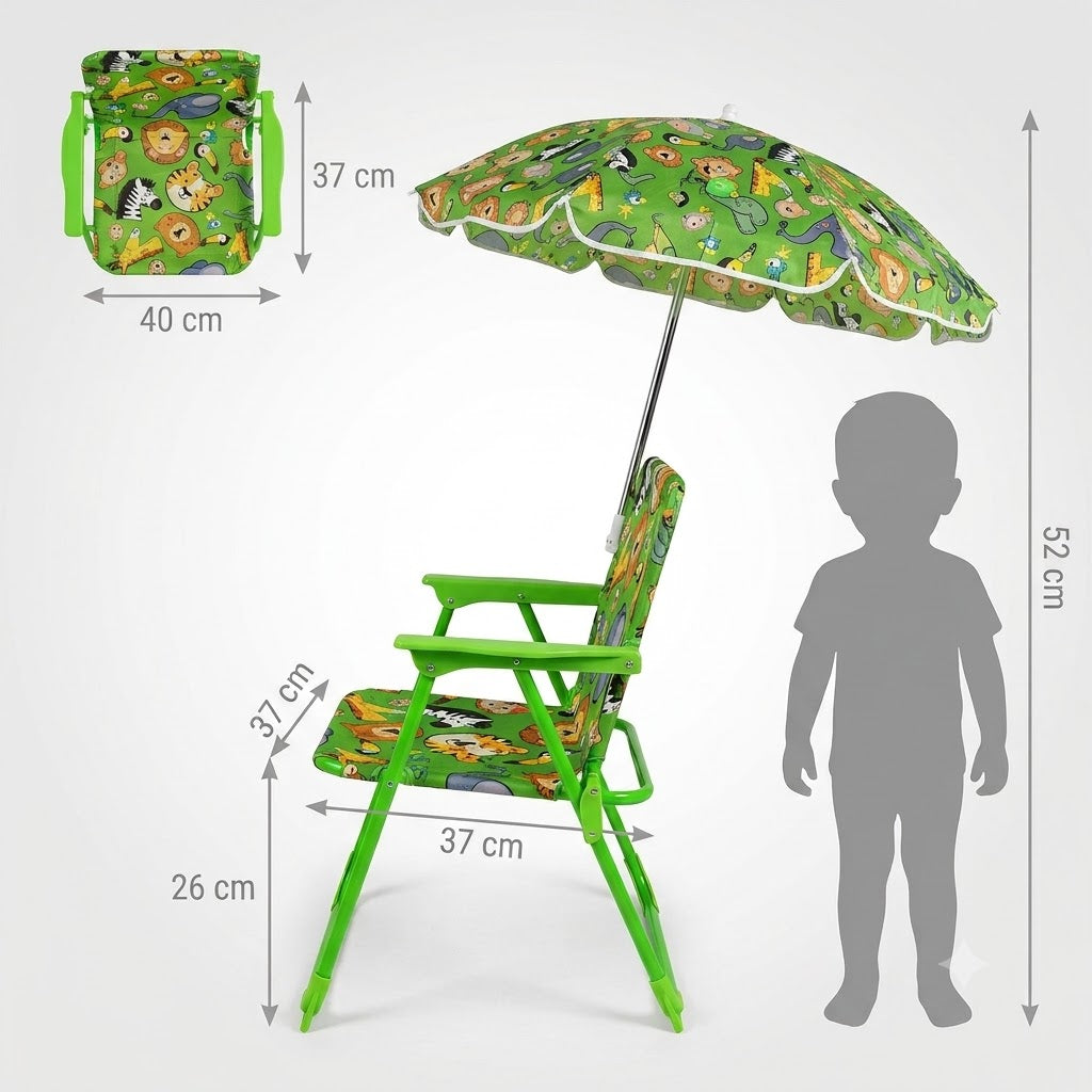 Sedia da Spiaggia per Bambini con Ombrellino Parasole — Seggiolina Pieghevole in Tessuto Oxford con Braccioli, 40x37x26/52 cm, Verde, per Mare, Giardino e Campeggio
