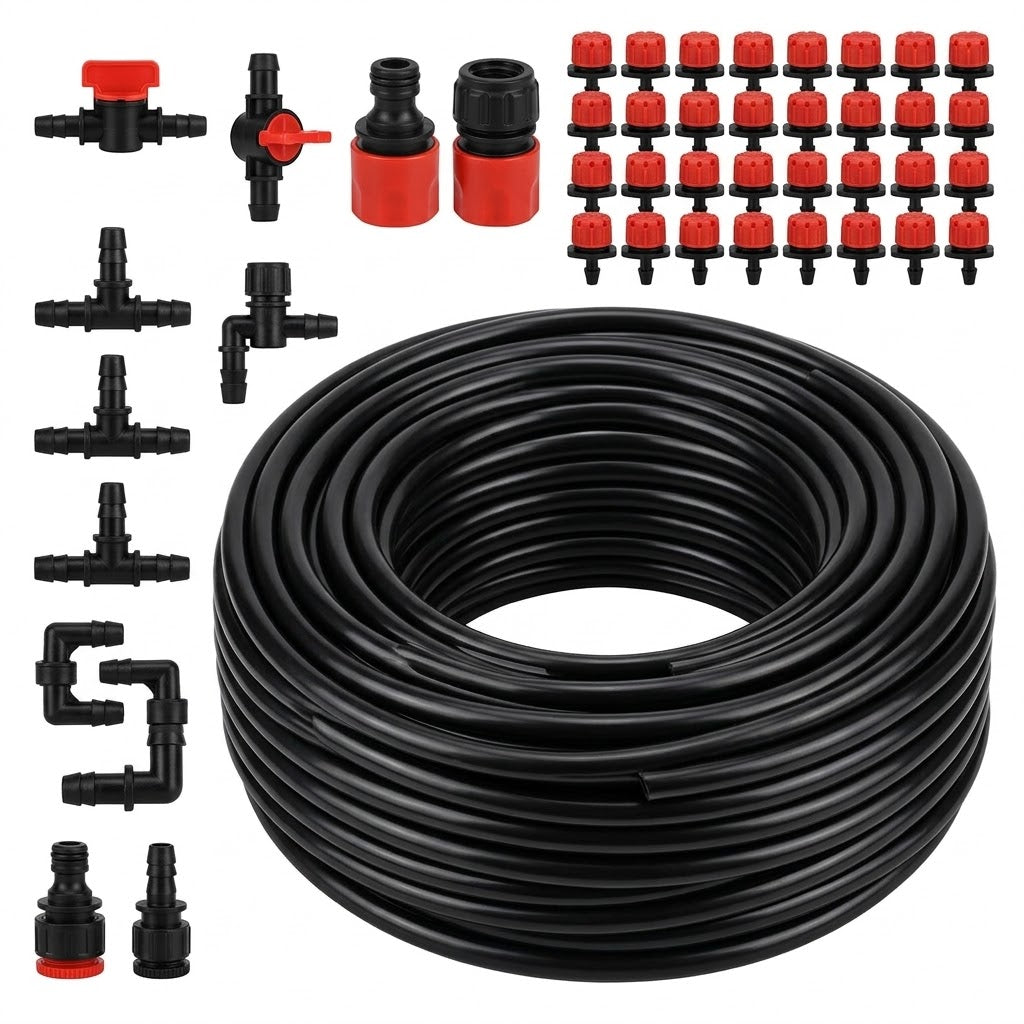 Kit di irrigazione a goccia completo per orto con tubi, raccordi e gocciolatori regolabili.