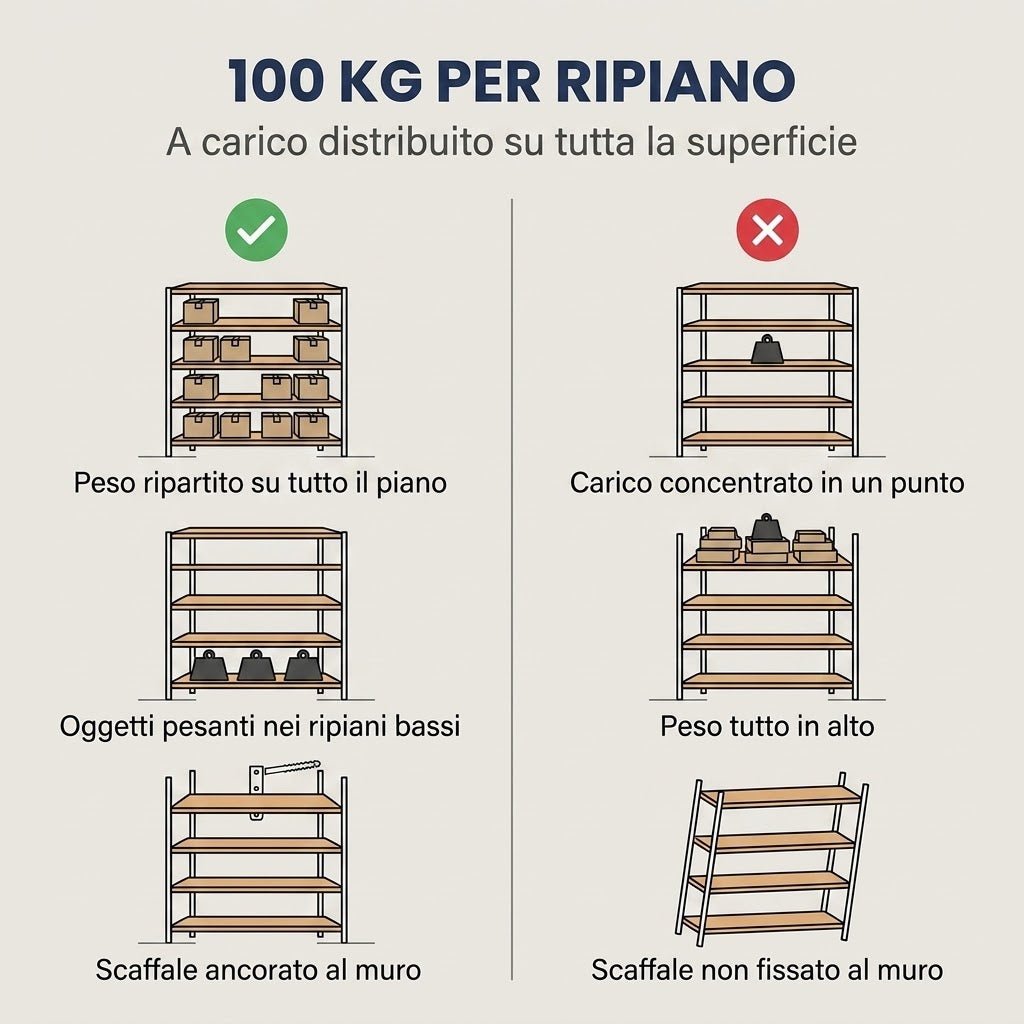 Image illustrating weight distribution for scaffale industriale 4 ripiani, showing proper and improper loading techniques.