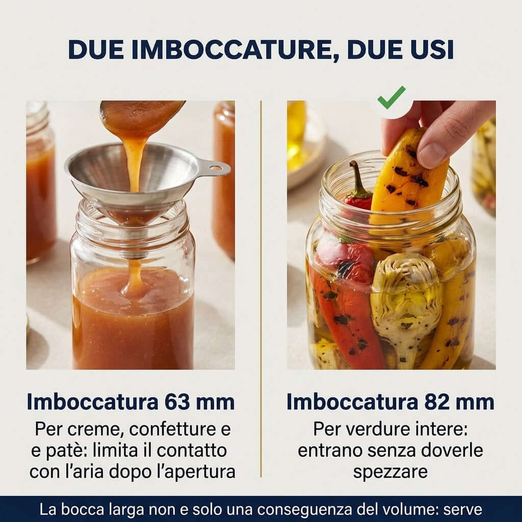 Dettaglio delle imboccature dei vasi in vetro per conserve da 63 mm e 82 mm per diverse tipologie di alimenti.