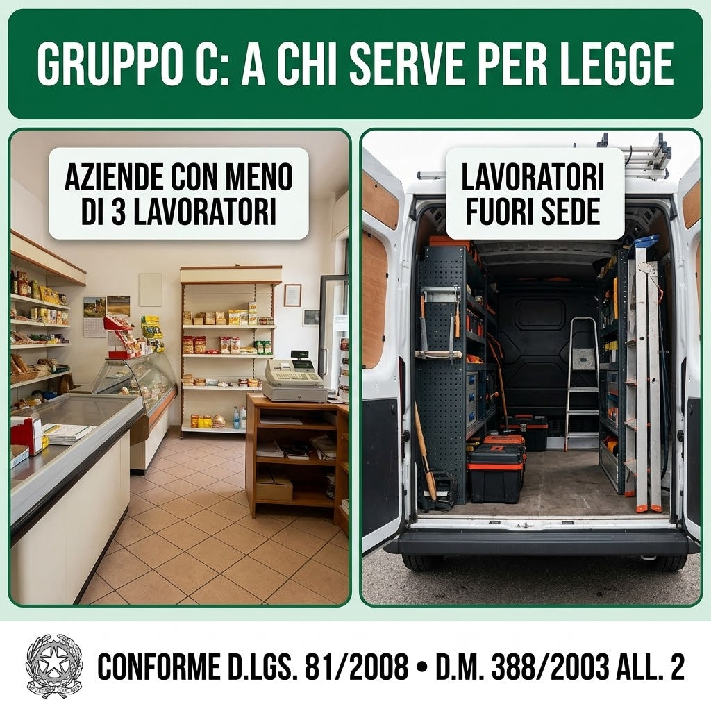 Pacco Reintegro per Cassetta Primo Soccorso Allegato 2 Gruppo C — Kit Ricarica Medicazione Conforme D.Lgs. 81/2008 e D.M. 388/2003, Aziende fino a 2 Lavoratori e Lavoratori Fuori Sede e Ufficio