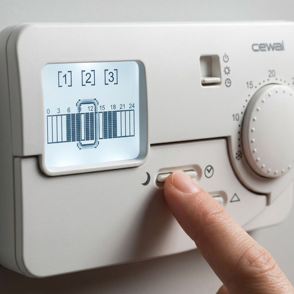 Cronotermostato Digitale Giornaliero a Parete — Termostato Ambiente con Display Retroilluminato a Icone, Programmazione a Cavalieri, per Riscaldamento e Condizionamento, a Pile