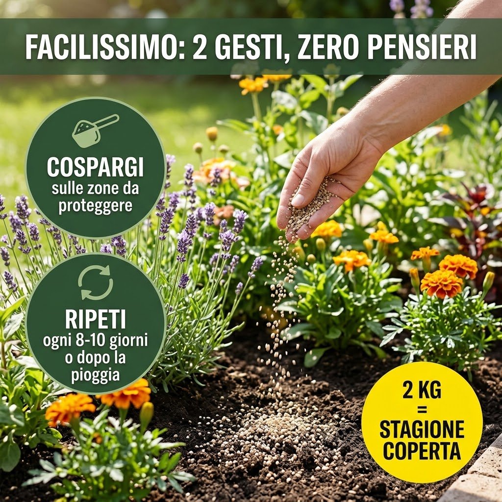 Applicazione del disabituante cani e gatti granulare sul terreno del giardino fiorito per proteggere le aiuole.