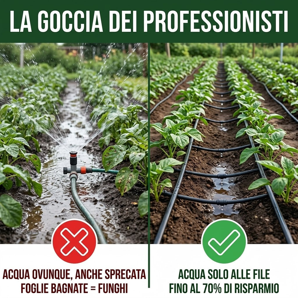 Immagine che mette a confronto metodi di irrigazione: inefficace vs gocciolamento per risparmiare acqua.