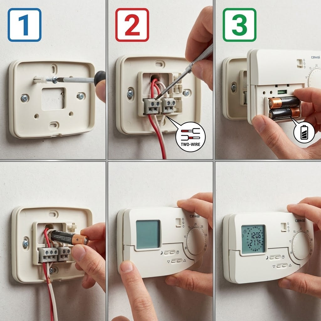 Installazione del cronotermostato digitale a parete con display retroilluminato, passaggi per montaggio e connessione.