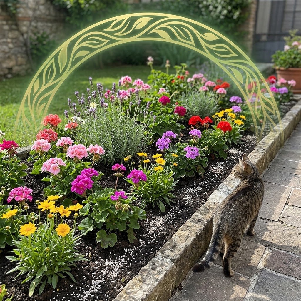 Gatto vicino all'aiuola protetta con disabituante cani e gatti granulare per allontanare gli animali domestici dal giardino.