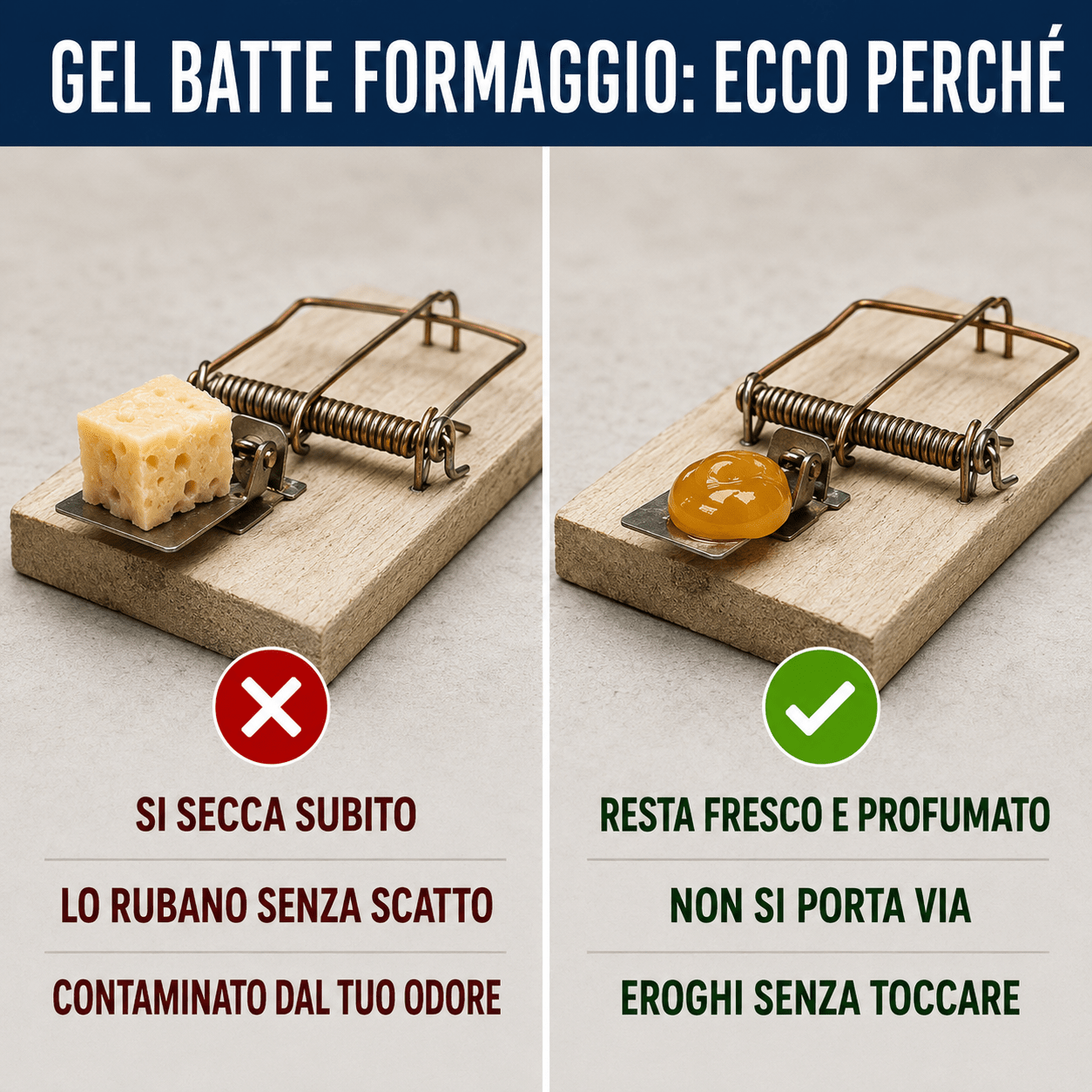 Comparative image showing gel attrattivo per topi e ratti versus traditional bait, highlighting effectiveness and freshness.