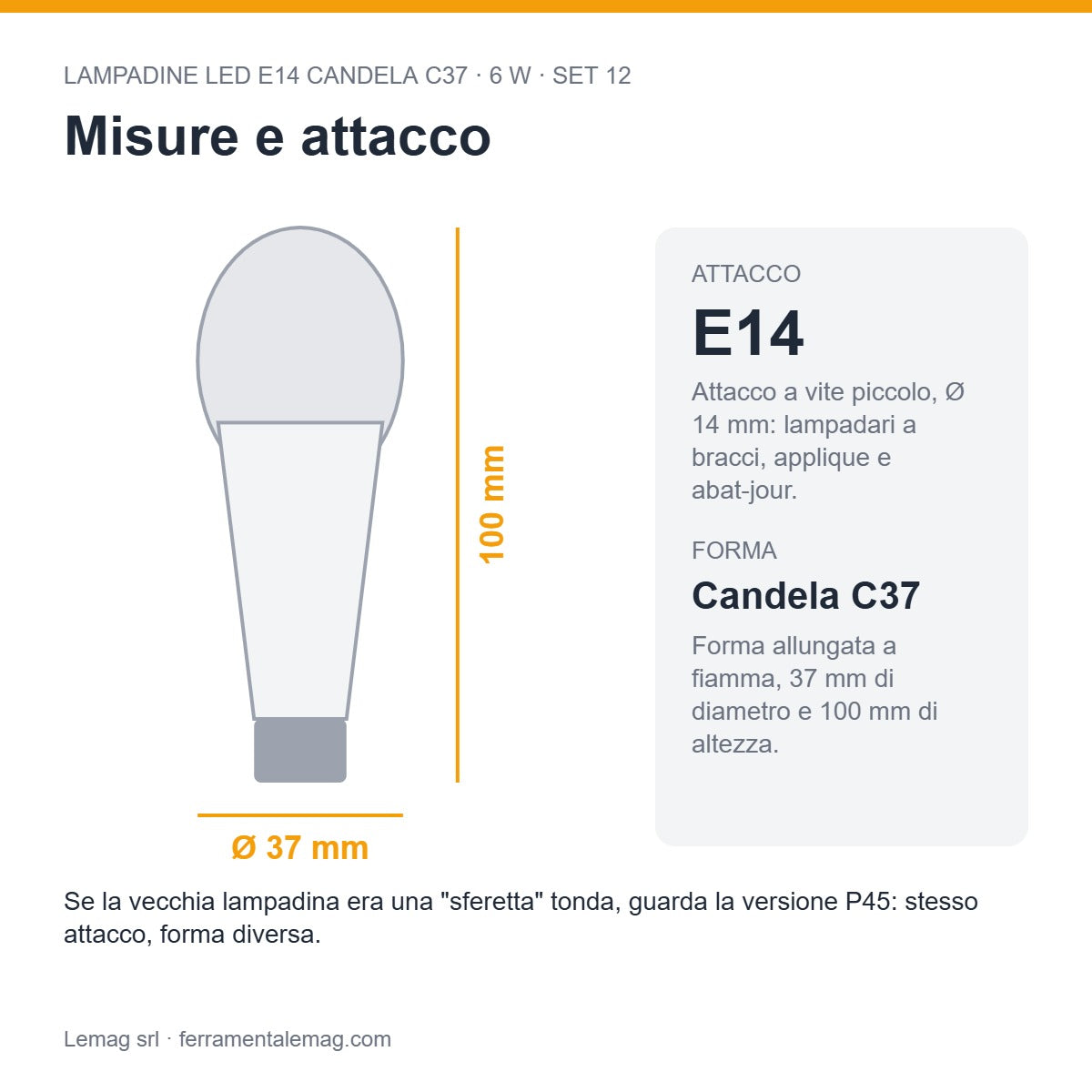 Misure e attacco – lampadine LED E14 candela 6W