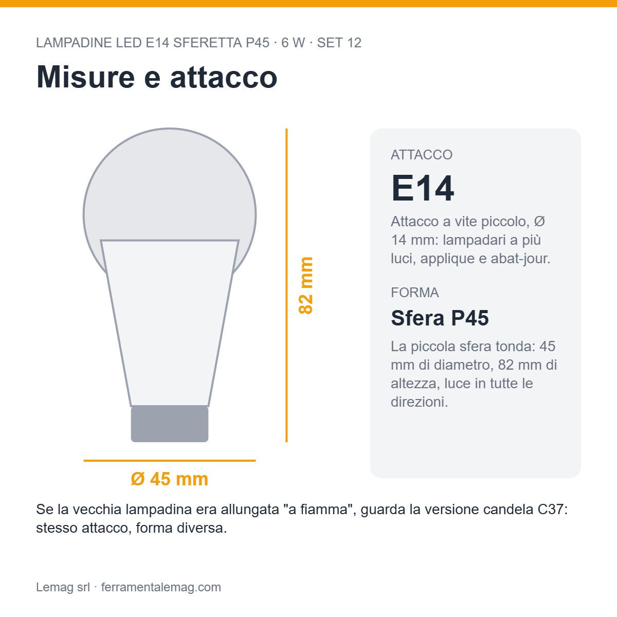 Misure e attacco – lampadine LED E14 sferetta 6W