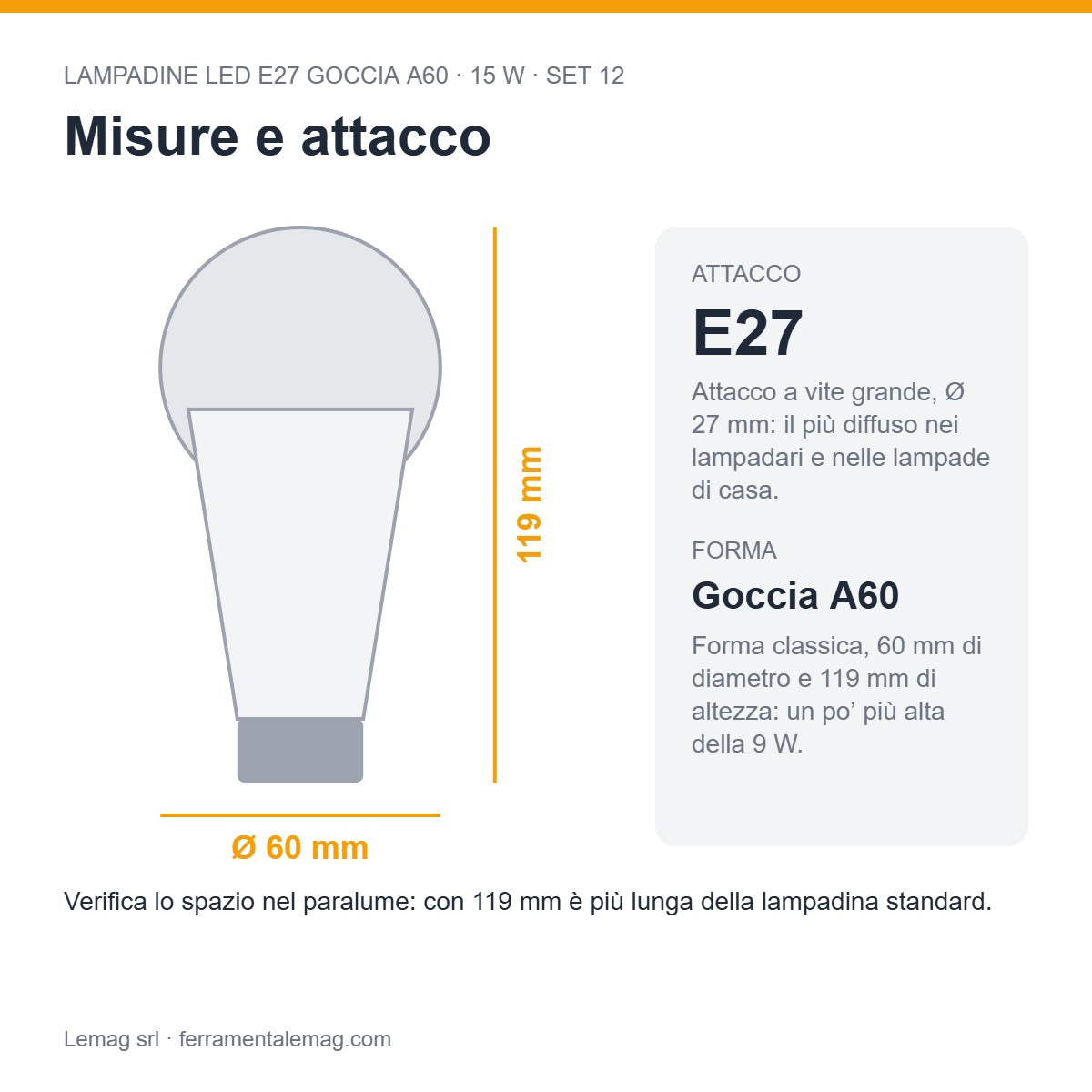 Misure e attacco – lampadine LED E27 A60 15W