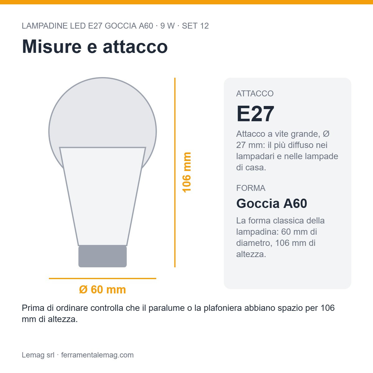 Misure e attacco – lampadine LED E27 A60 9W