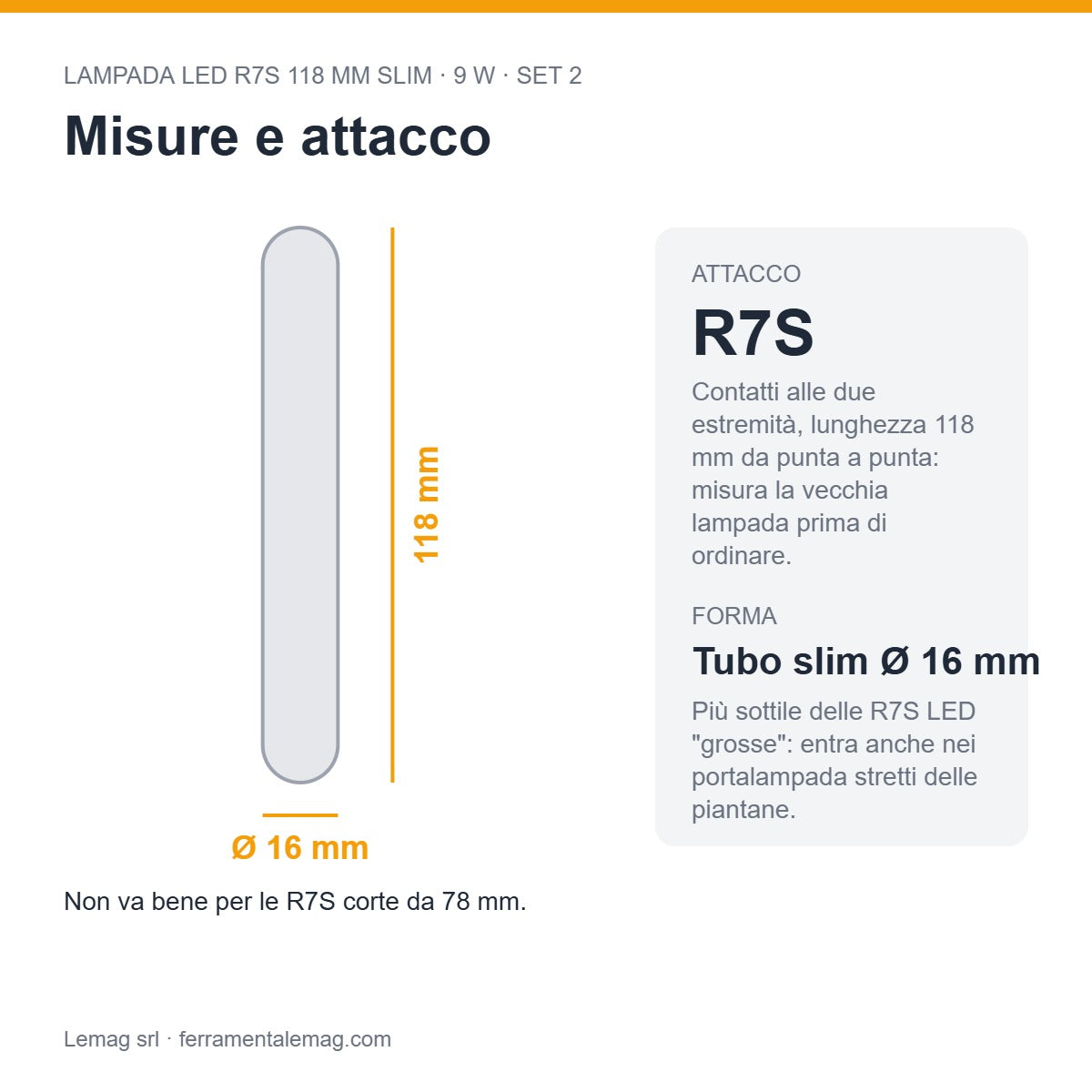 Misure e attacco – lampada LED R7S 118 mm 9W