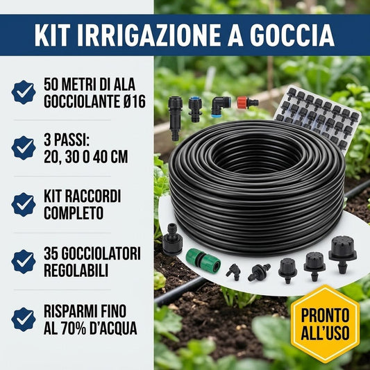 Lemag Kit Irrigazione a Goccia Completo Passo 20 cm — Ala Gocciolante Ø 16 mm 50 m con Raccordi, Rubinetto e 35 Gocciolatori Regolabili — per Orto Fitto, Insalate, Fragole e Aiuole - Lemag srl