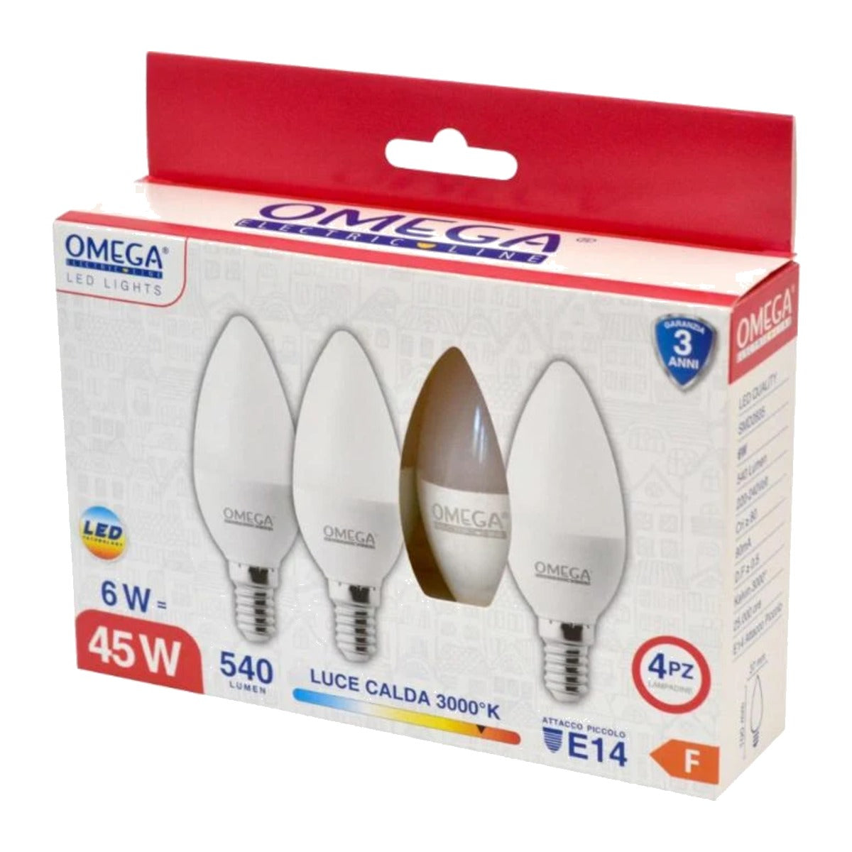 Lampadine LED E14 candela C37 6W luce calda 3000K – confezione da 4