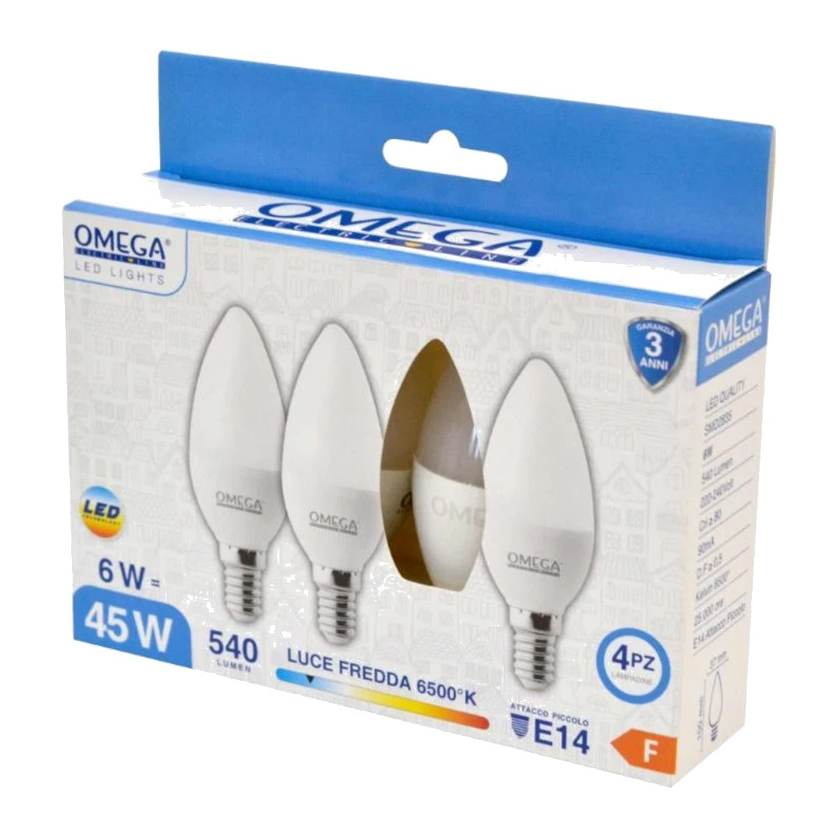 Lampadine LED E14 candela C37 6W luce fredda 6500K – confezione da 4
