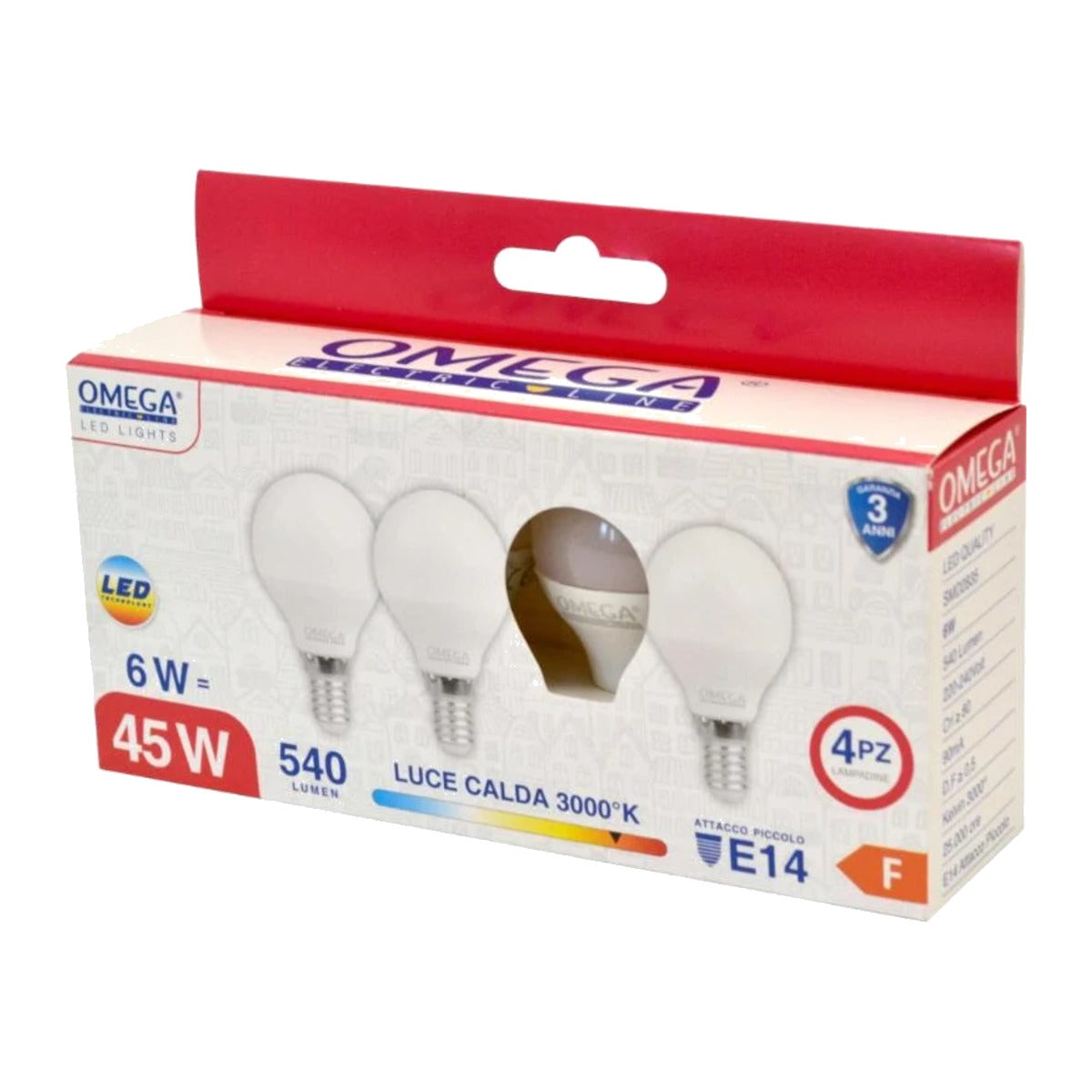Lampadine LED E14 sferetta P45 6W luce calda 3000K – confezione da 4