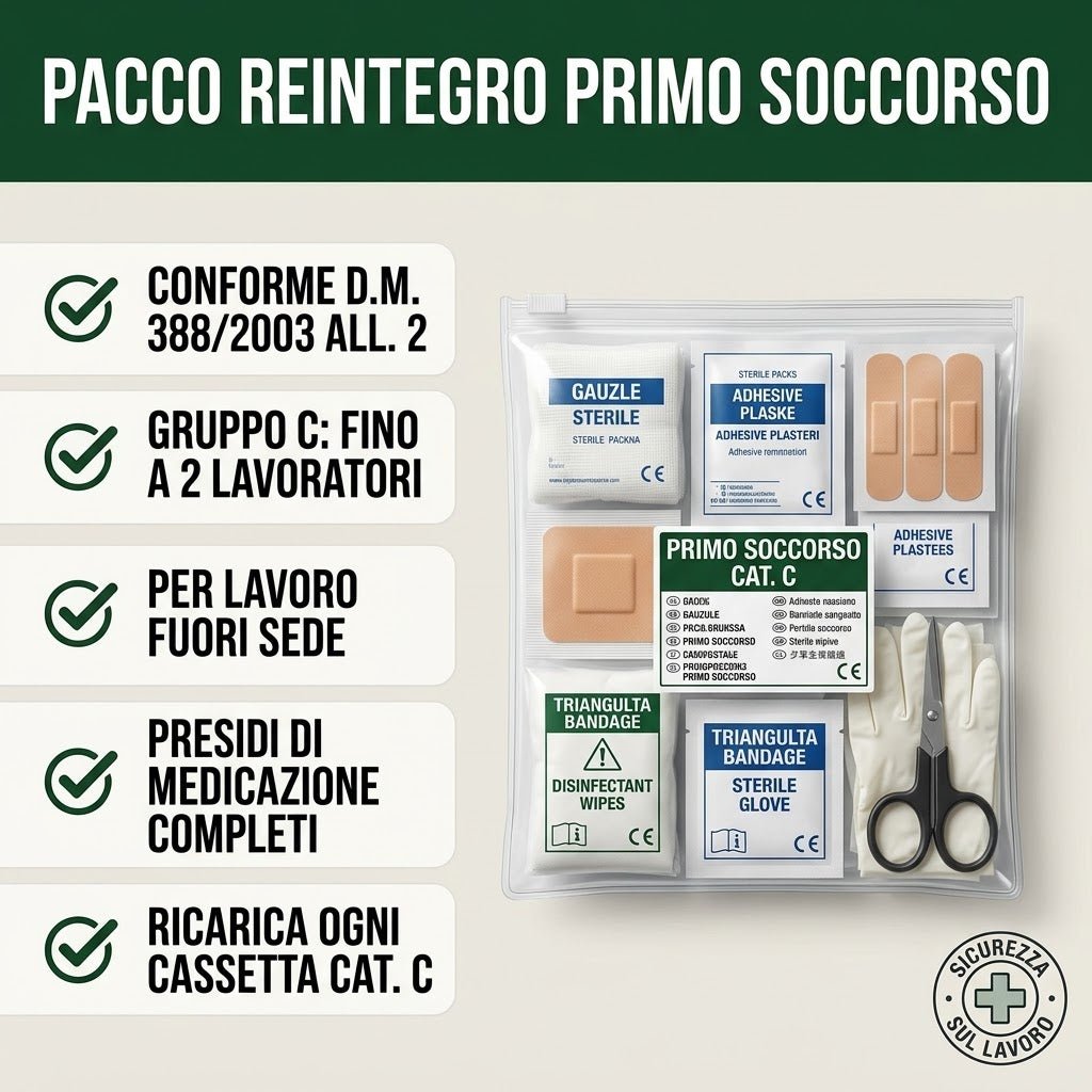 Pacco reintegro cassetta primo soccorso completo con materiali e informazioni essenziali per pronto soccorso.