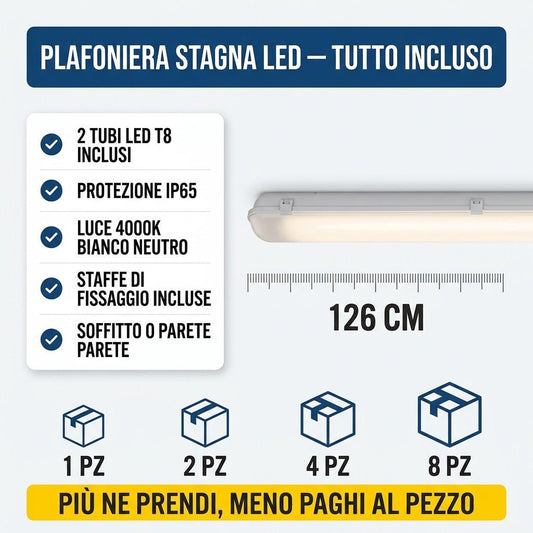 Plafoniera Stagna LED IP6 T8 4000K Inclusi — Lampada Soffitto Impermeabile per Box, Cantina, Ripostiglio — Monti e Accendi - Lemag srl