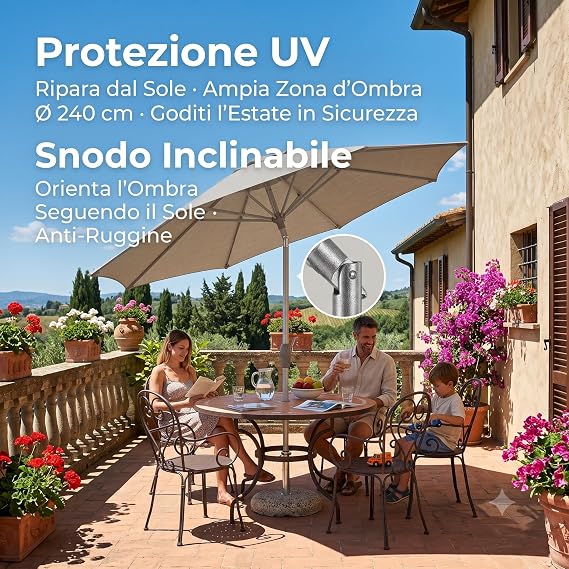Un ombrellone da spiaggia 240 cm inclinabile con protezione UV installato su un terrazzo fiorito.
